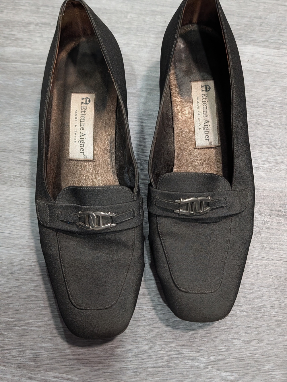 Etienne Aigner Black Square-Toe Loafers with Silver Hardware